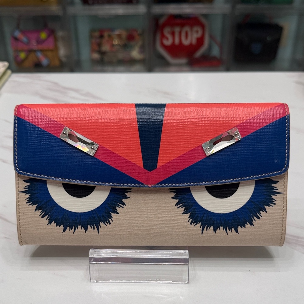 Fendi Monster Colorblock Wallet in Coral, Navy & Cream